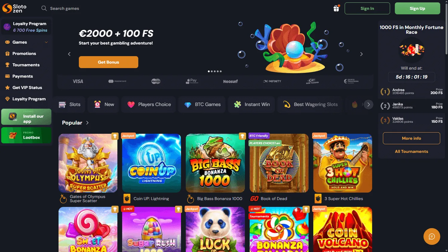 Slotozen Casino games lobby on desktop