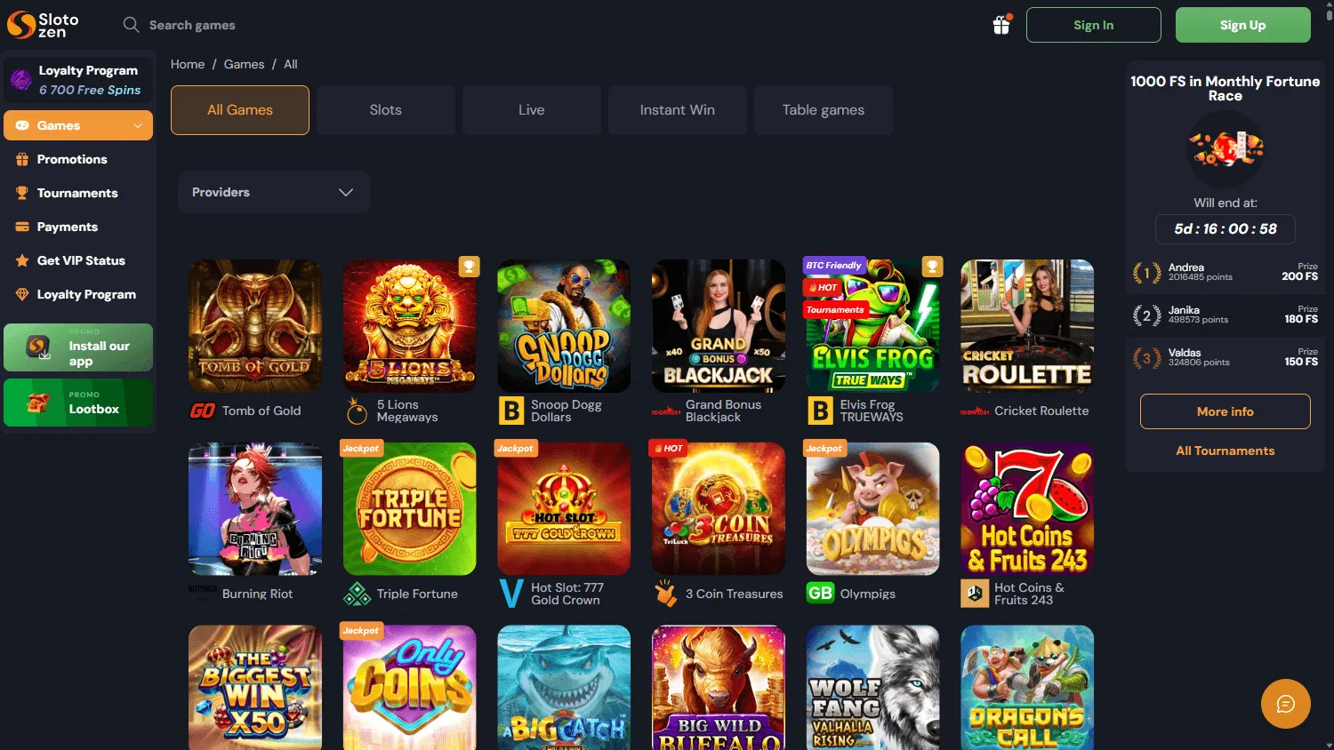 Slotozen Casino live casino and table games on desktop
