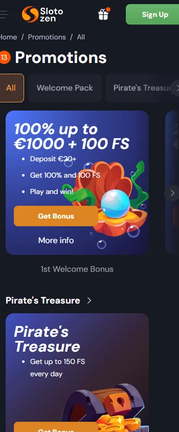 Slotozen Casino promotions on a mobile device
