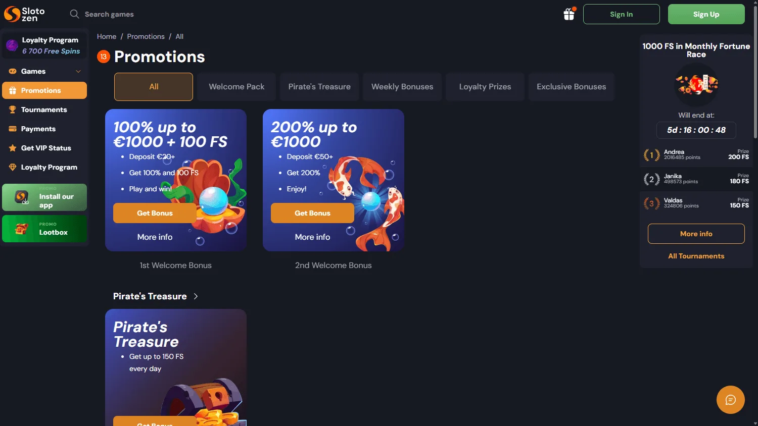 Slotozen Casino promotions on desktop
